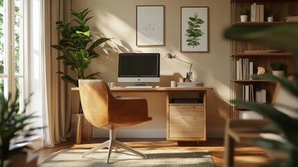 professional video call setup, side angle workspace portrait, desktop screen interaction, casual business meeting, potted plant decor elements, bright window lighting, wooden desk composition,