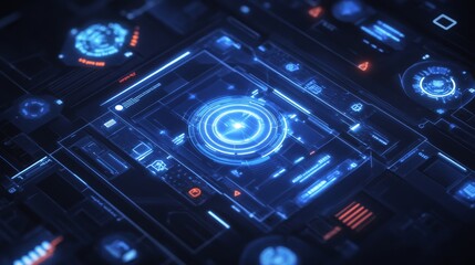 Fototapeta premium project management visualization, connected timeline elements, hovering white icons, deep blue interface design, human interaction moment, strategic planning symbols, glowing touchpoint effect,