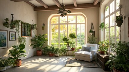 A bright sunroom with potted plants, wood beams, and large windows that let in the soft glow of a morning sunrise.