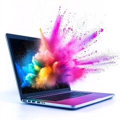 A laptop with an explosion of color bursting from the screen, symbolizing creativity, innovation, and digital art