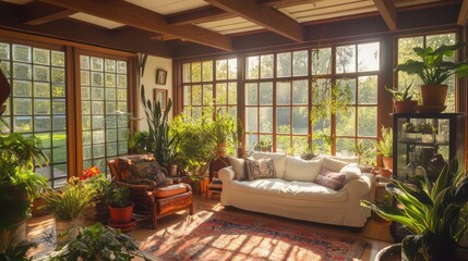 Fototapeta premium A bright sunroom with potted plants, wood beams, and large windows that let in the soft glow of a morning sunrise.