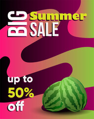 Sale poster, flyer with watermelons and pink background. Light and dark green stripes of watermelon. Vector illustration
