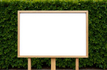 White blank screen sandwich board, placed outdoor by green tree hedges, mockup template.