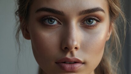 Fototapeta premium Young woman with striking features and intense gaze, showcasing natural beauty in soft lighting