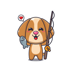 dog mascot cartoon character vector illustration catching fish with fishing rod.