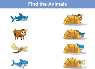 Find Hiding Animals. Child Exercise Sheet with wild animals. Printable worksheet. Cartoon vector illustration
