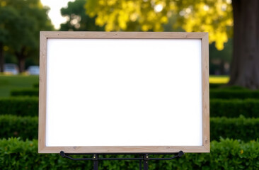 Fototapeta premium White blank screen sandwich board, placed outdoor by green tree hedges, mockup template.
