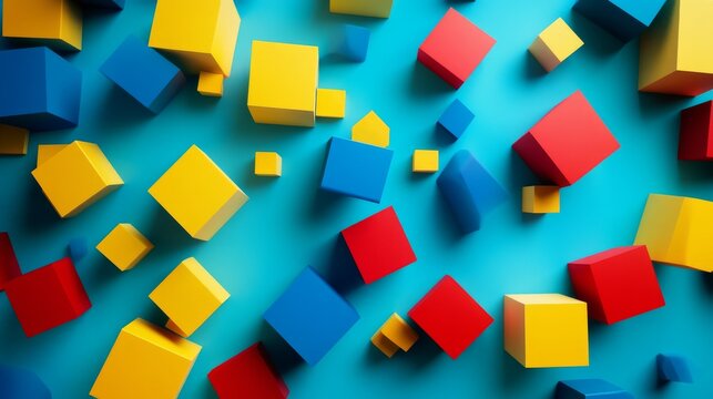 abstract organizational diagram, organic blob shapes, colored cubic elements, primary color scheme, minimalist business concept, blue yellow red composition, person icons on cubes, clean geometric