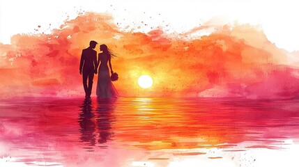 A romantic couple walks hand in hand along a shimmering shoreline at sunset, surrounded by vibrant hues of red and orange.