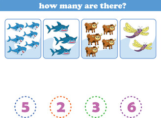 Counting game of wild animals for preschool kids. Printable. Vector Illustration