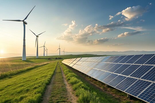 clean energy concept, Solar power plant and wind turbines at beautiful sunset background. generated by AI.