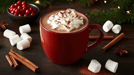   A close-up image of a steaming mug of hot cocoa and fluffy marshmallows positioned beside a dish of sweets on a flat surface