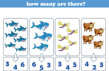 Fototapeta premium Counting game of wild animals for preschool kids. Printable. Vector Illustration