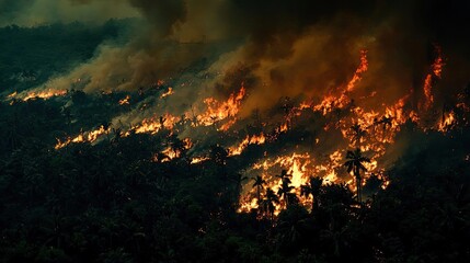 Global warming climate change concept. Devastating wildfire spreading through lush vegetation, engulfing trees in flames.