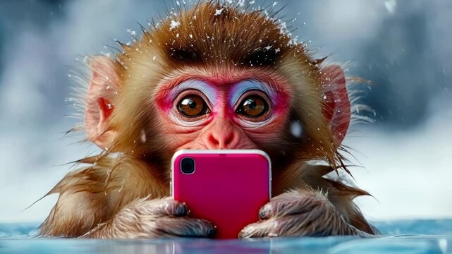 Baby monkey is holding a pink cell phone in its mouth. The monkey appears to be enjoying the experience of holding the phone, and the image conveys a sense of curiosity and playfulness