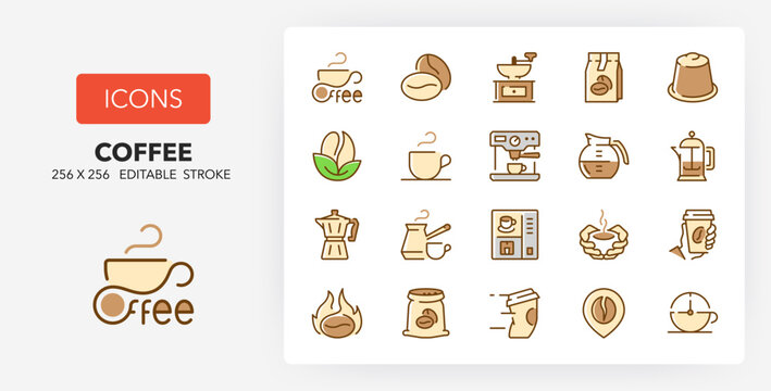 Line icons about coffee. Contains such icons as espresso, take away, moka and more. 256x256 Pixel Perfect editable in colors