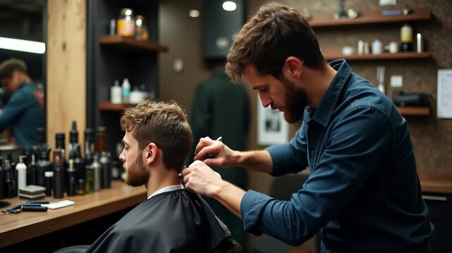A skilled barber gives a precise haircut to a client in a contemporary salon