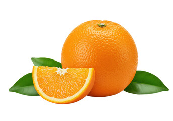A whole orange and an orange wedge placed together with fresh green leaves, isolated on white background