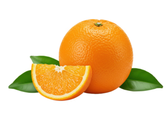 A whole orange and an orange wedge placed together with fresh green leaves, isolated on white background