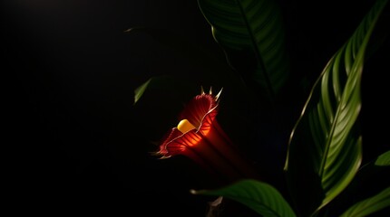 Dramatic chiaroscuro lighting illuminates a close-up Rafflesia and tropical plants. Warm, slightly dark tones, professional photography style, strong contrasts, deep shadows