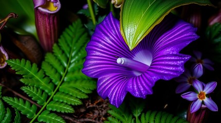 Deep ultraviolet Rafflesia flower close-up, surrounded by pitcher plants, ferns, and orchids. Tiny insects hover nearby. Vivid purples, high contrast, photorealistic style