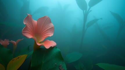 Rafflesia flower close-up in thick fog, surrounded by tropical flora. Warm terracotta and cool teal tones, earthy and cool contrast, low visibility.