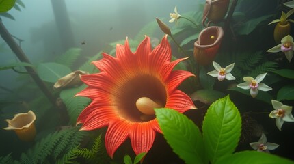 A close-up of a Rafflesia, Borneo's largest flower, surrounded by pitcher plants, ferns, and orchids. Tiny insects hover nearby. The scene is split into distinct sections, with bold areas of focus.