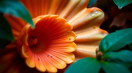 A close-up of a Rafflesia, surrounded by tropical flora. Tiny insects are present. The image features warm terracotta and cool teal tones, diffused shadows, and subtle illumination, creating an earth