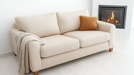 Cream Sofa with Mustard Throw Pillow near Fireplace in Bright Living