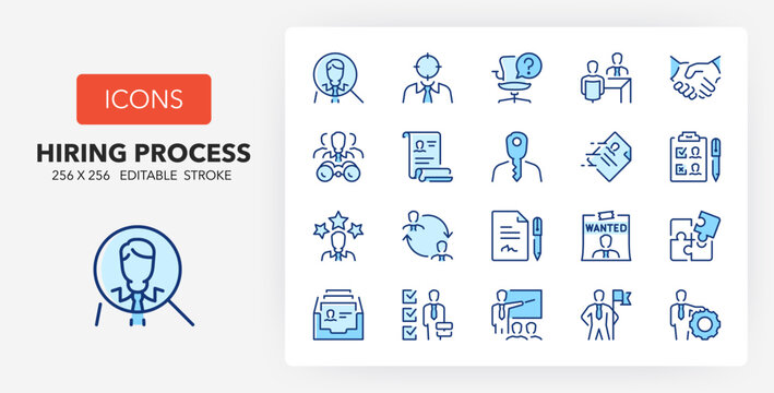 Line icons about hiring process, human resources concepts. Contains such icons as recruitment, head hunting, interview and more. 256x256 Pixel Perfect editable in two colors