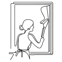 Line drawing of woman washing window on white background