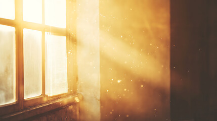 Sunlit room with floating dust particles in warm, hazy light
