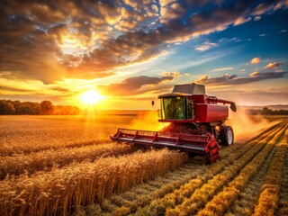 Fototapeta premium Autumn Soybean Harvest: Red Combine Harvester at Sunset