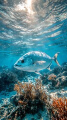 Fototapeta premium HD Phone Wallpaper Underwater Scene Large Fish Swimming Over Vibrant Coral Reef in Sunlit Ocean