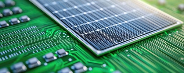 Renewable energy climate change concept. Close-up of a solar panel on a circuit board showcasing renewable energy innovation.
