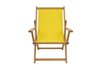 Foldable wooden beach chair with a bright yellow fabric seat, isolated on white background