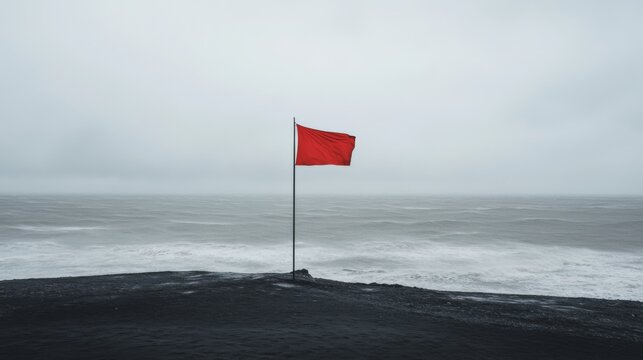 Red flag on stormy coast; warning sign, ocean background; travel, danger concept
