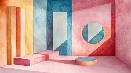 A composition of colored panels arranged on a pastel pink textured paper background, creating a soft and creative aesthetic.