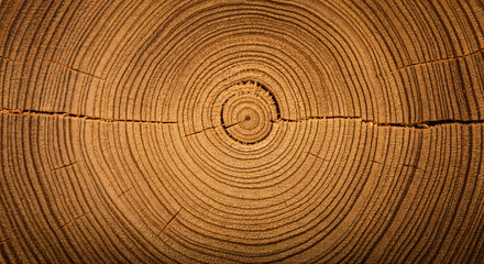 Fototapeta premium Detailed view of a cut tree trunk highlighting its growth rings and a natural crack, showcasing the beauty of nature's patterns