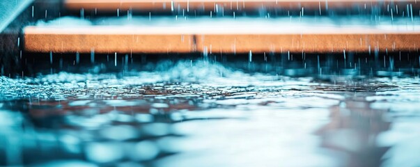 Sea level rise climate change idea. Rainwater pooling on wooden surfaces creates serene reflections in vibrant colors.