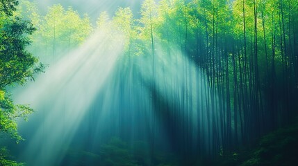   A lush forest brimming with tall trees and dappled sunlight filtering through their tops