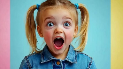 Young girl with blue hair and blue jeans is making a surprised face. The image has a bright and cheerful mood, with the girl's blue outfit and the colorful background