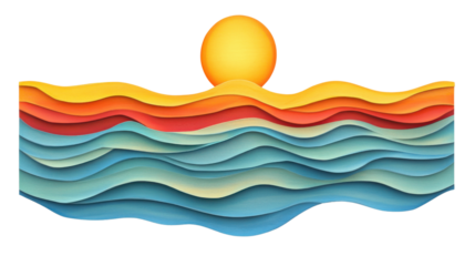 Colorful paper cutout waves and sun on transparent background