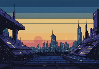 Naklejka premium Futuristic cityscape at sunset with stylized skyscrapers and geometric horizon