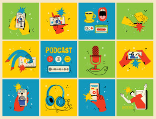 Podcast cards set. Influencer character, microphone and recording radio podcast vector illustration set.