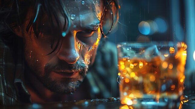 A somber depiction of alcohol addiction, showcasing a person struggling with alcoholic tendencies, symbolizing the distressing issue of drinking problems in society.