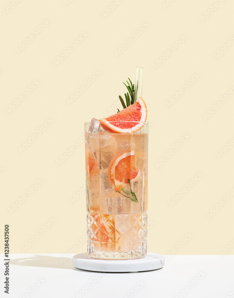 Canvas Prints Refreshing cocktail with grapefruit, rosemary and ice in a glass on a white yellow background with shadow.