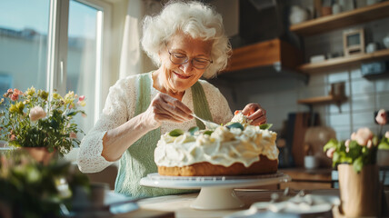 An elderly woman is decorating a cake in a kitchen