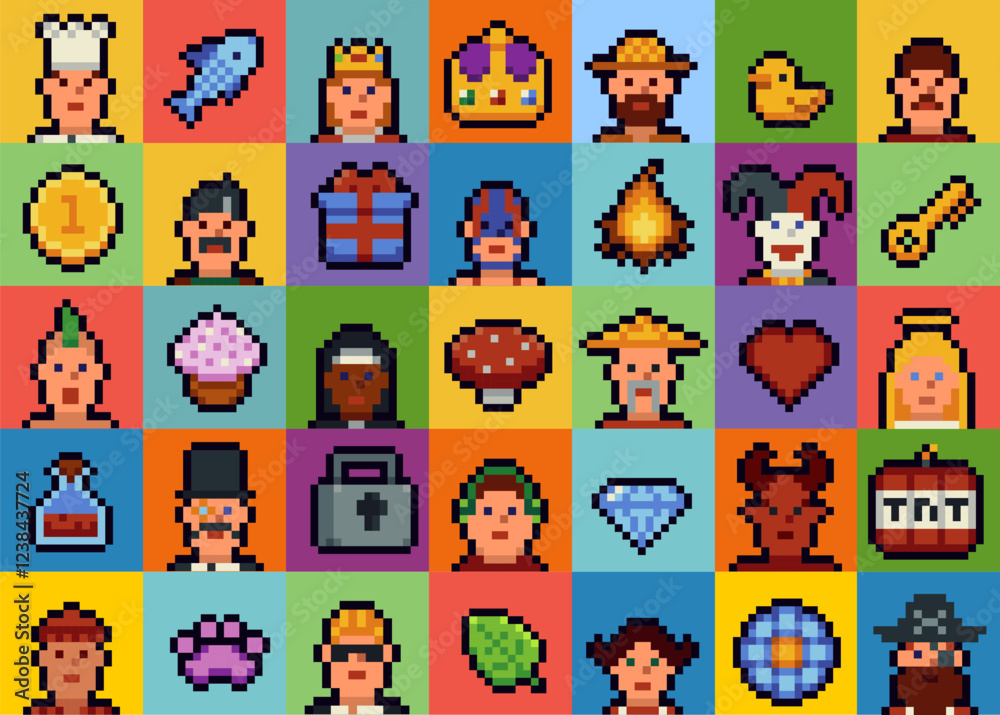 Poster set of pixel art avatars and icons. retro game style dialogue box and elements vector collection. pi