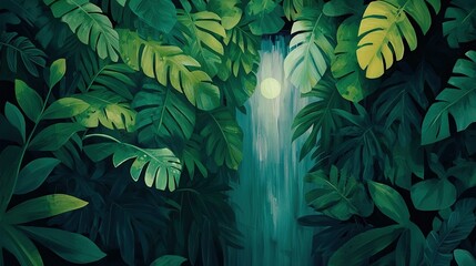   Waterfall painting surrounded by lush greenery